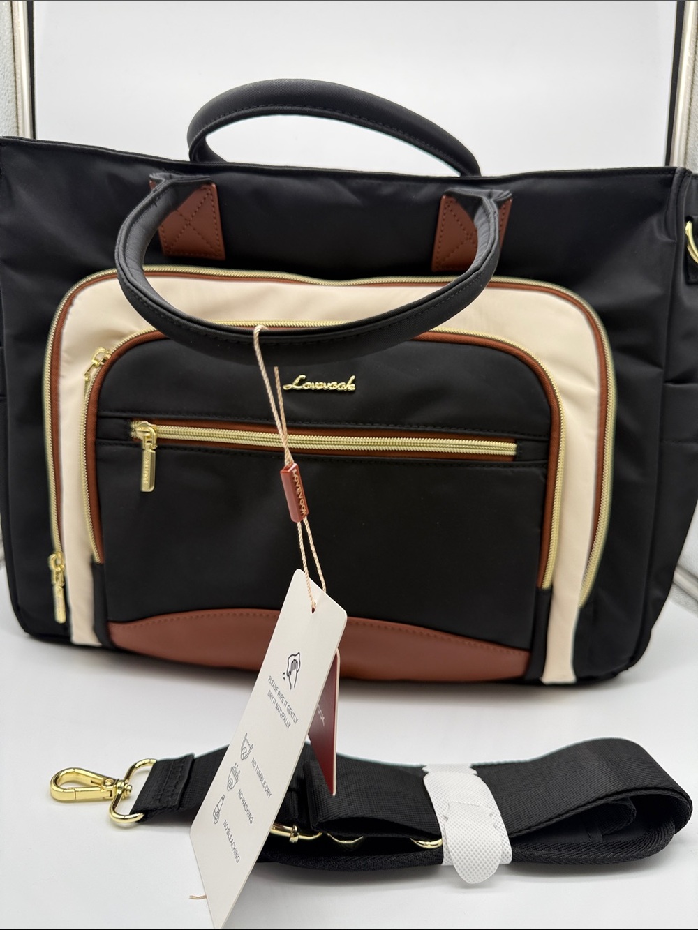LOVEVOOK Tote 15.6” Laptop Work Bag Black Cream Brown NWT